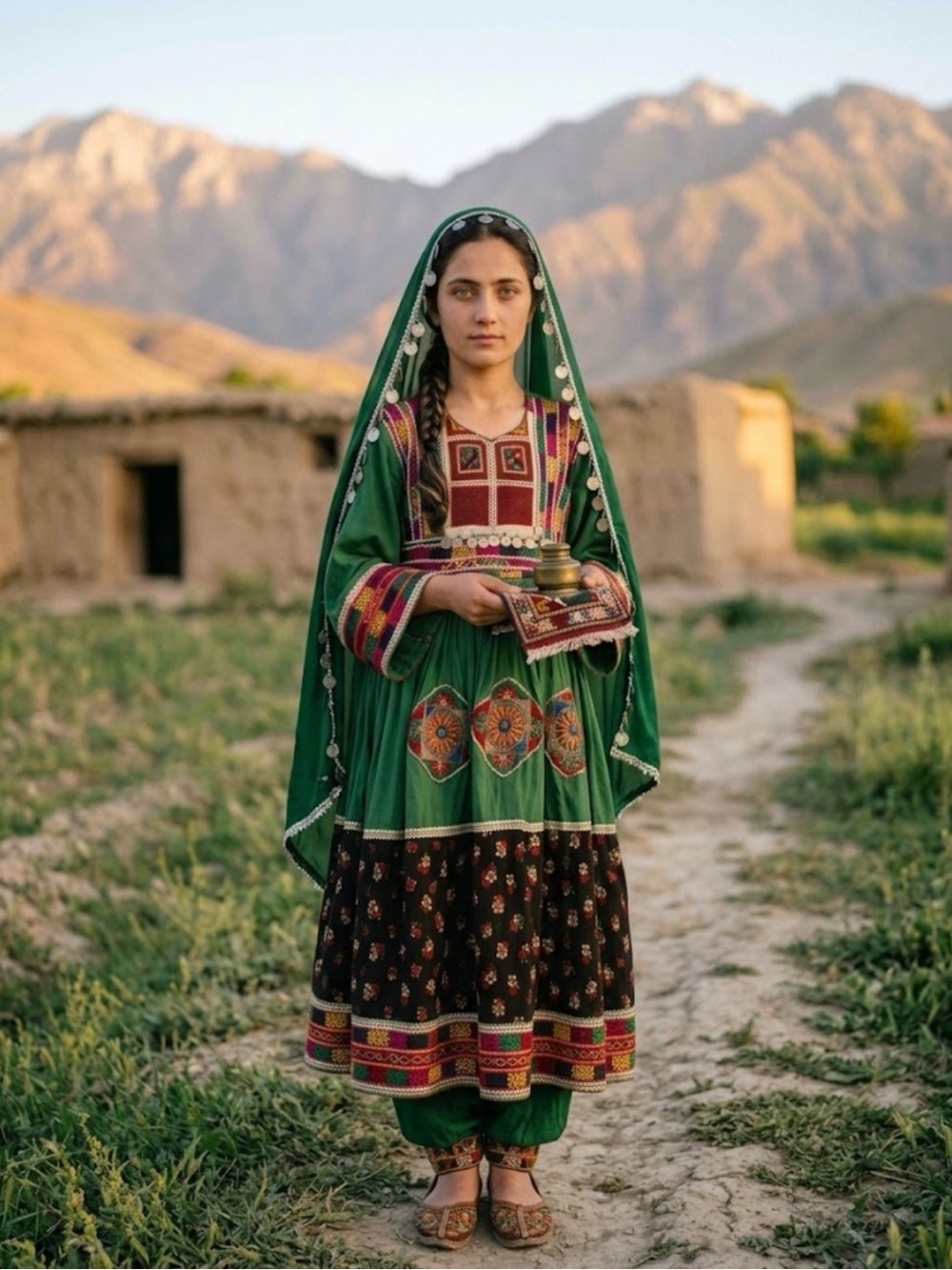 Traditional Girls' Embroidered Green Dress with red Headscarf and pants